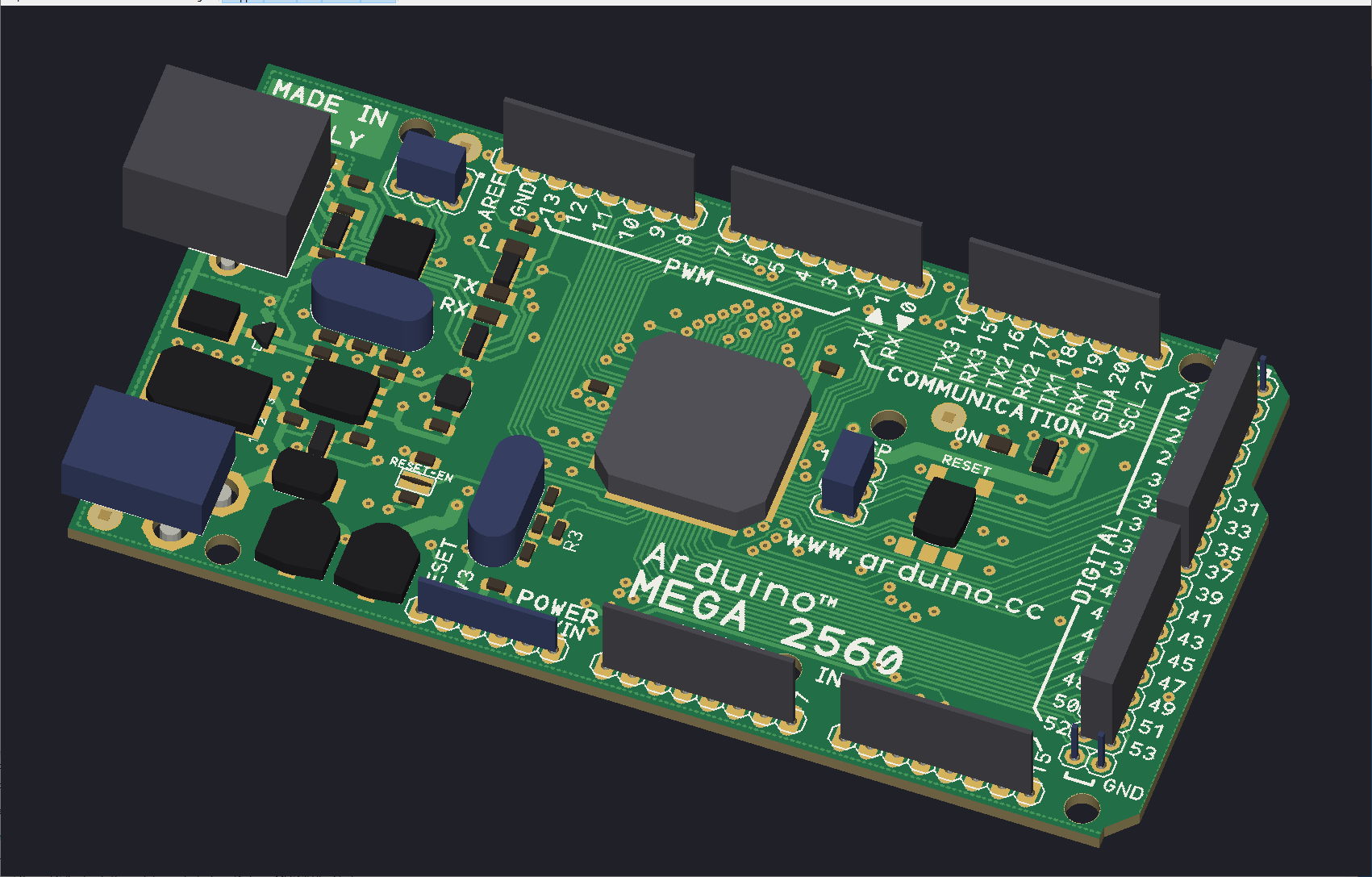 TalonPCB native 3D viewer showing a populated Arduino Mega board from an oblique angle