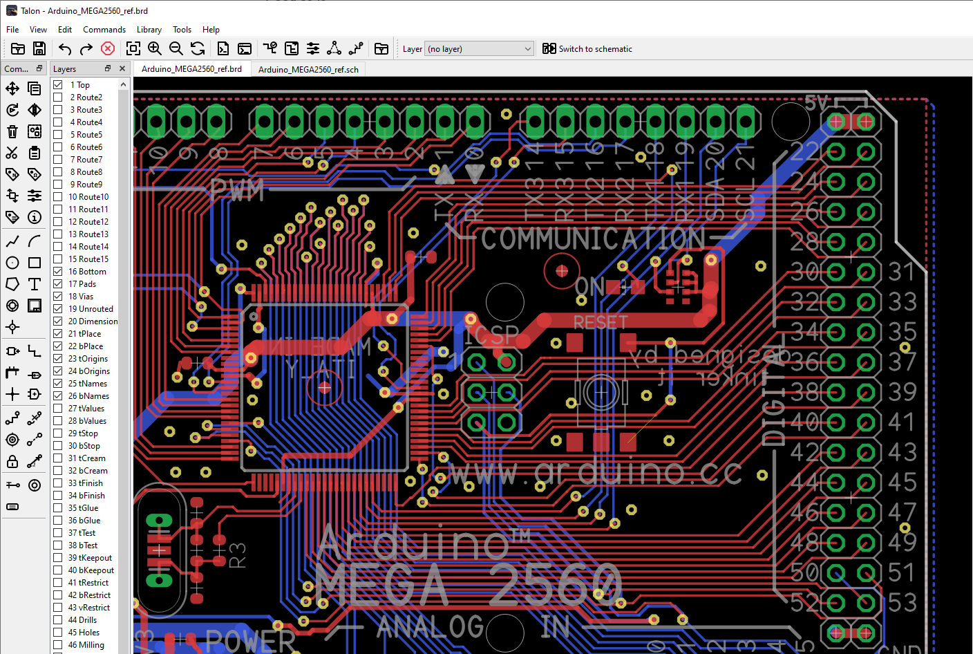 TalonPCB PCB editor showing an Arduino Mega board with dense red and blue traces, visible layers, routing tools and the familiar command line